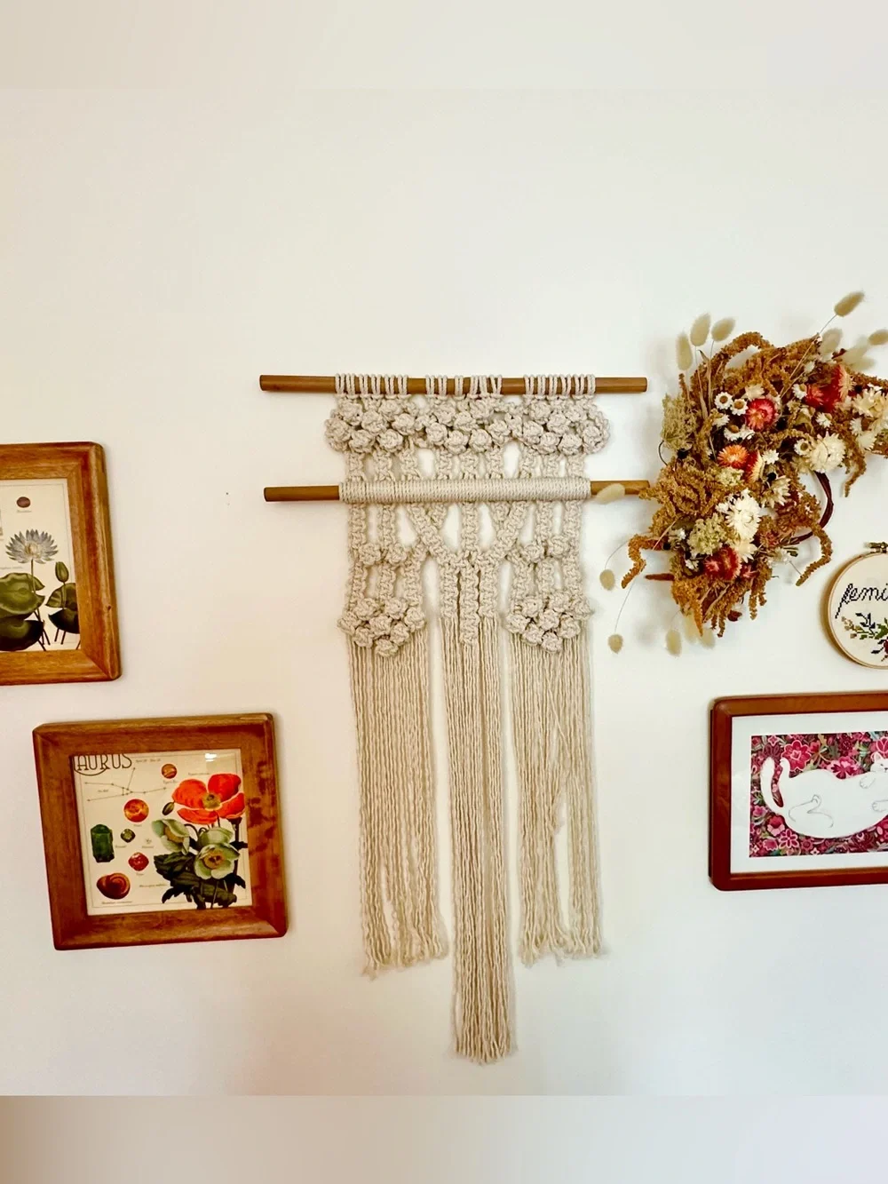 Hand Crafted Cream Macramé Wall Tapestry on Bamboo